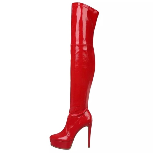 Thalia Sodi Silena Over The Knee Stretch Patent Platform Boots RED Size 7.5 NIB - Picture 1 of 9